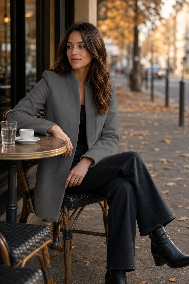 SOFAINE-V7-LIFE-Cordelia | Wool-Feel Overcoat in Grey, café scene