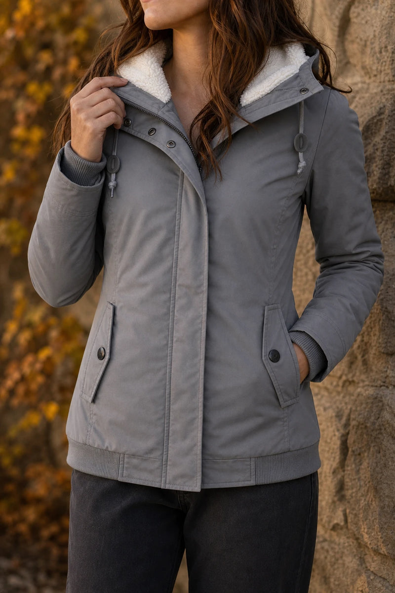 SOFAINE-V7-LIFE-Frankie | Hooded Fleece-Lined Coat in Grey, detail close-up