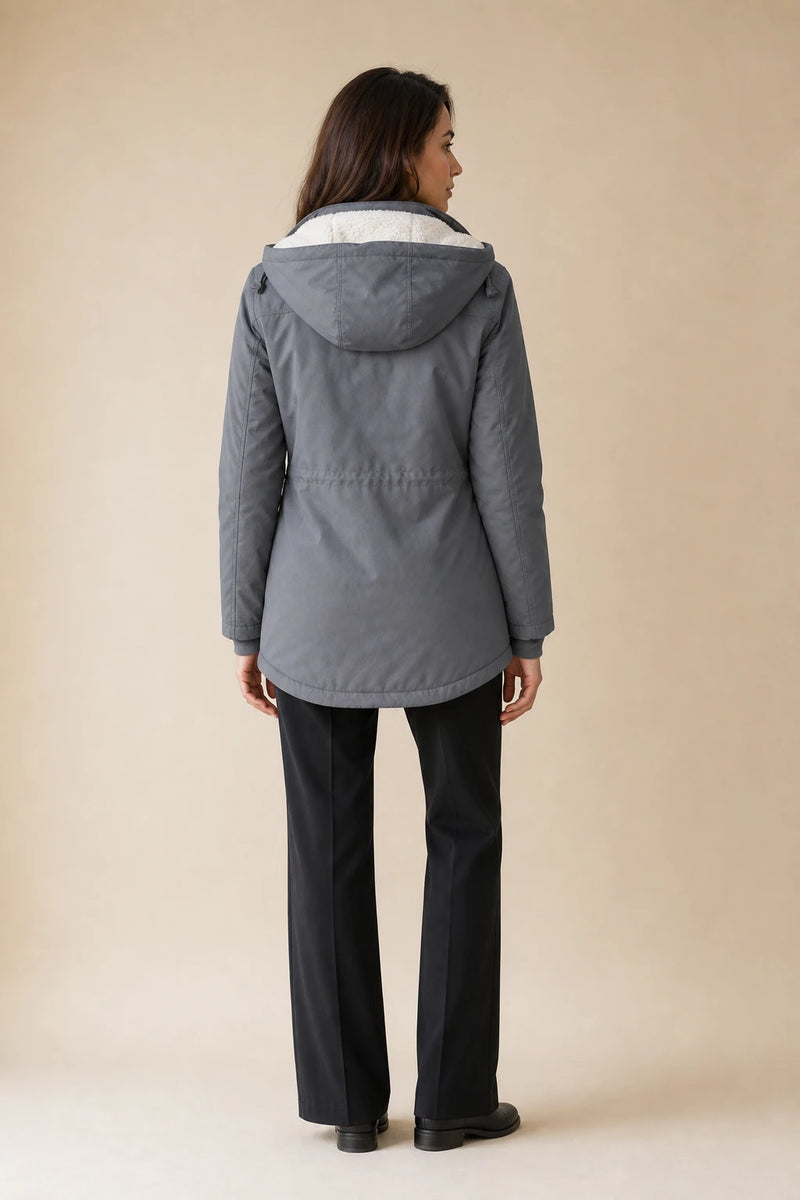 Frankie | Hooded Fleece-Lined Coat in Grey, studio back view
