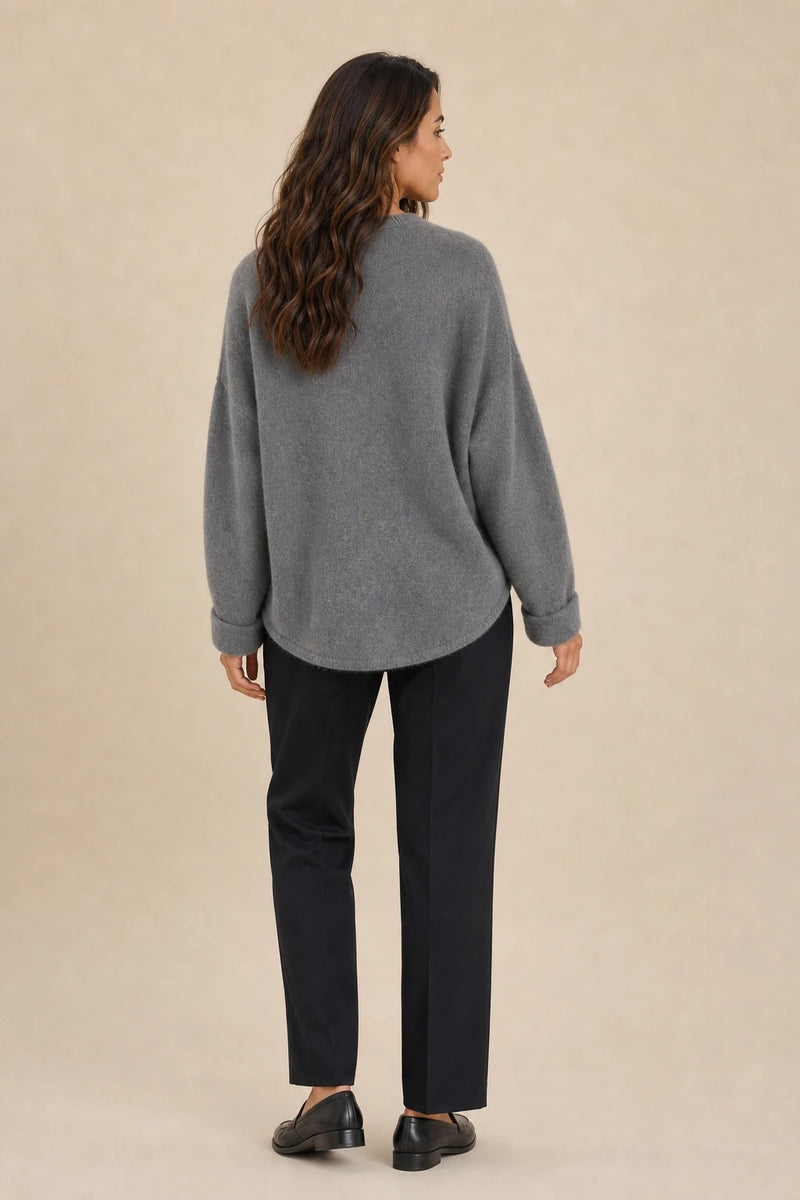 Ramona | Button-Front Cardigan in Grey, studio back view
