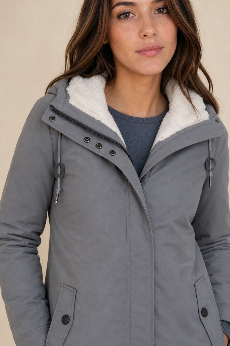 Frankie | Hooded Fleece-Lined Coat in Grey, fabric close-up