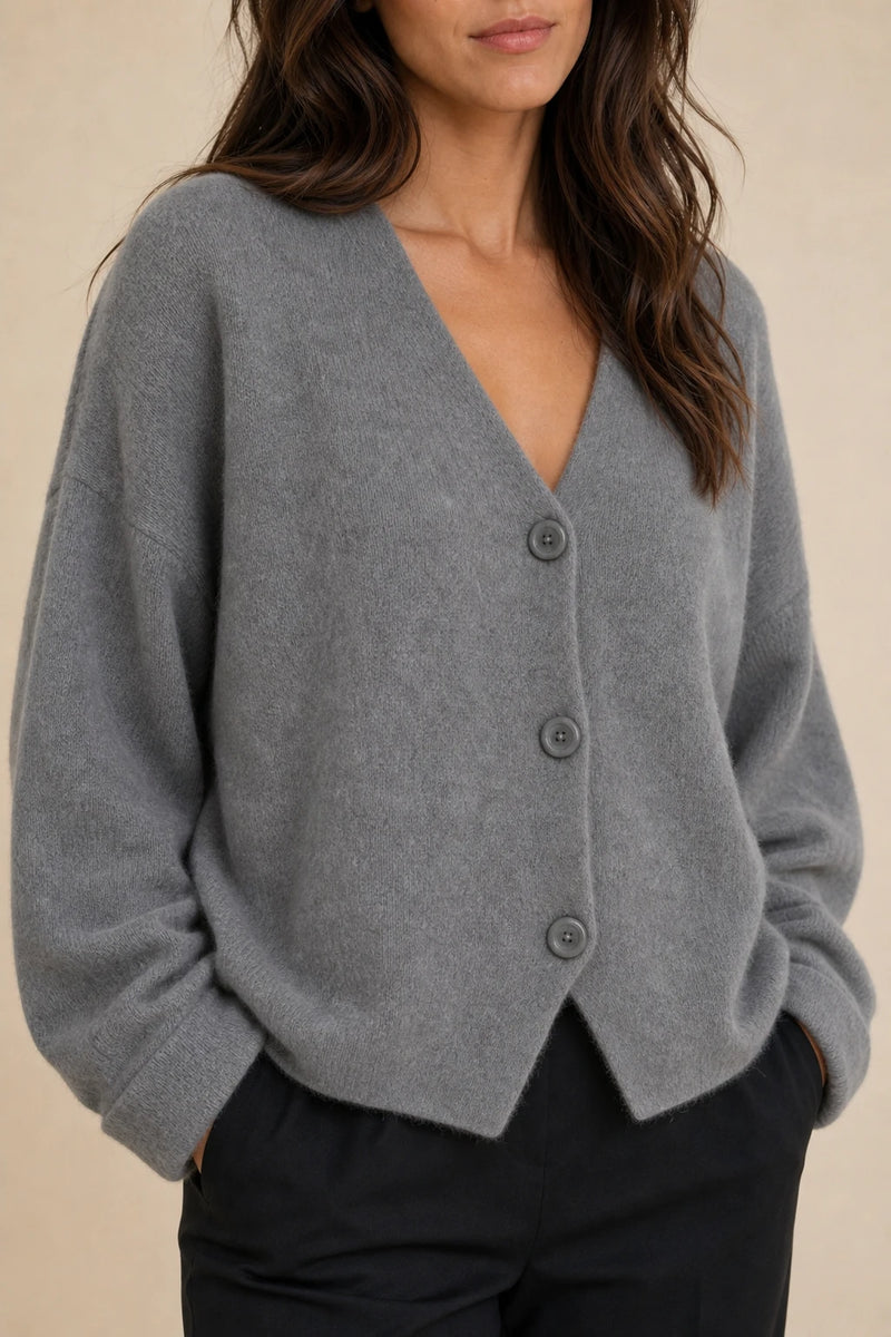 Ramona | Button-Front Cardigan in Grey, fabric close-up