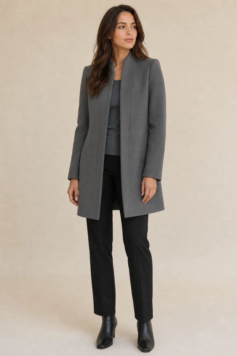 Cordelia | Wool-Feel Overcoat in Grey, studio front view