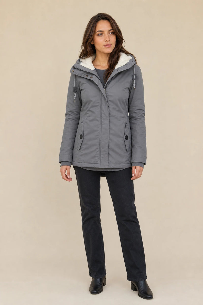 Frankie | Hooded Fleece-Lined Coat in Grey, studio front view