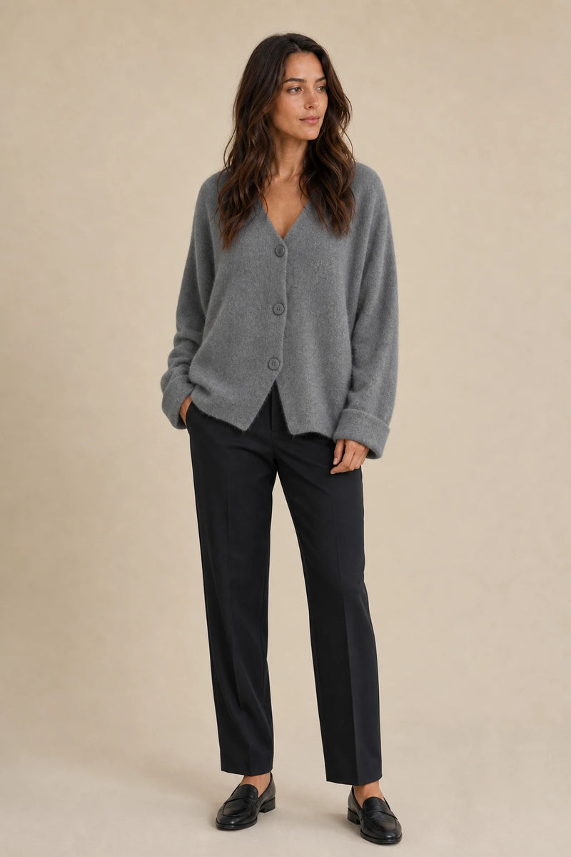 Ramona | Button-Front Cardigan in Grey, studio front view