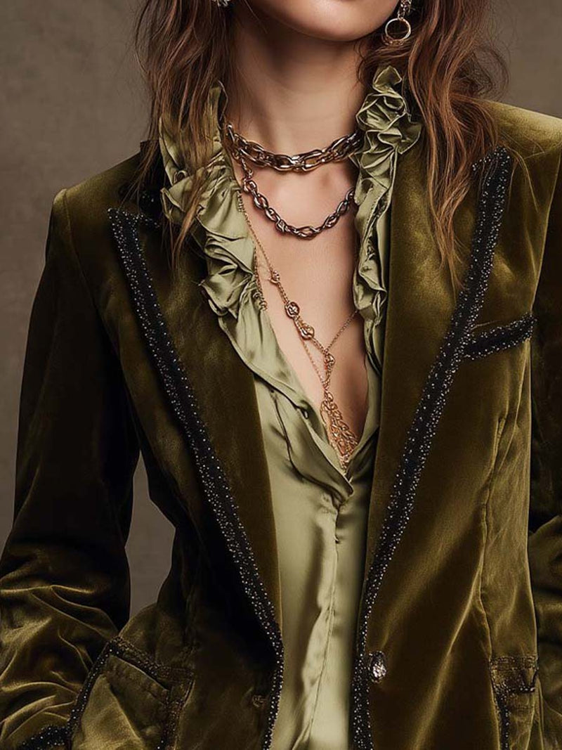 Velvet Blazer for Women with Contrast Trim and Flap Pockets in Olive Green, close-up