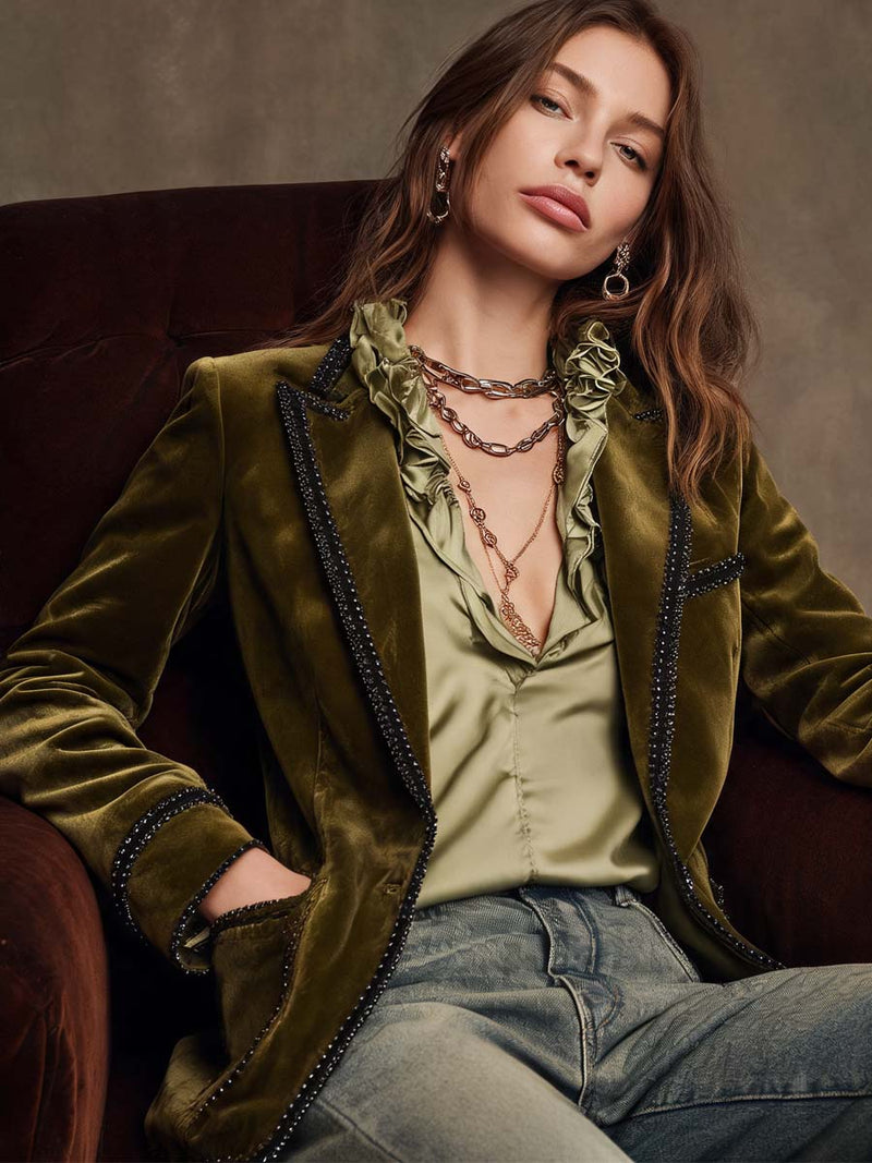 Velvet Blazer for Women with Contrast Trim and Flap Pockets in Olive Green, styled seated view