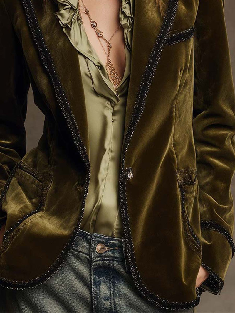 Velvet Blazer for Women with Contrast Trim and Flap Pockets in Olive Green, trim and pocket detail