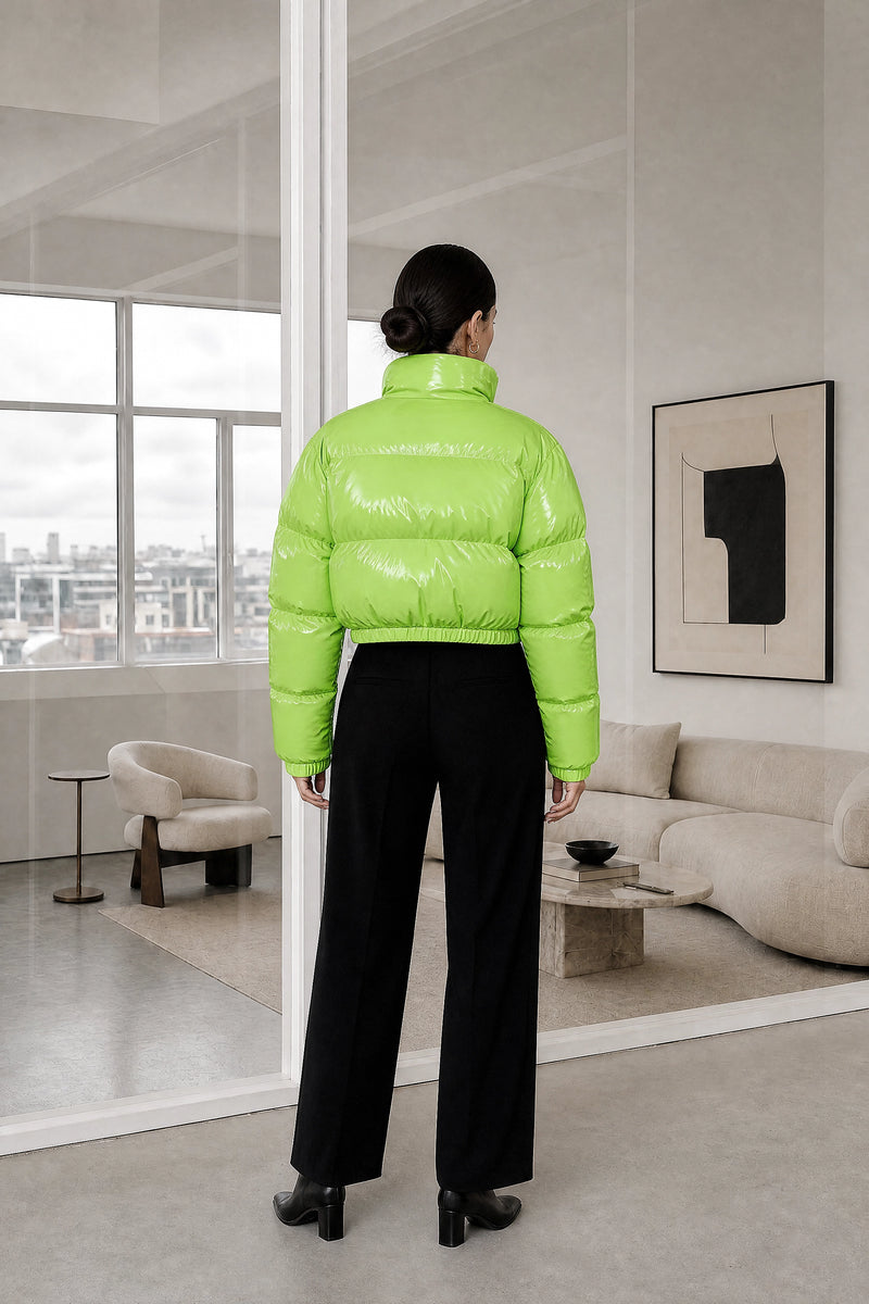Gwendolyn | Puffer Coat in Army Green, studio back view