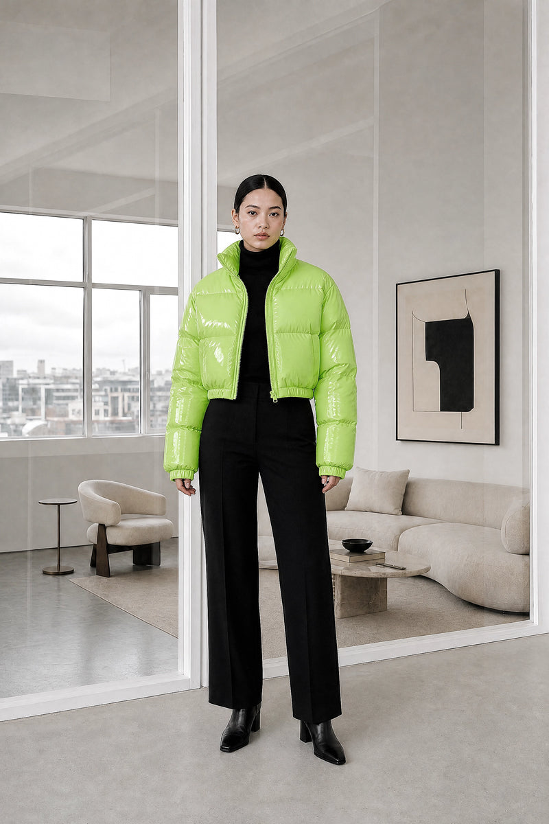Gwendolyn | Puffer Coat in Army Green, studio front view