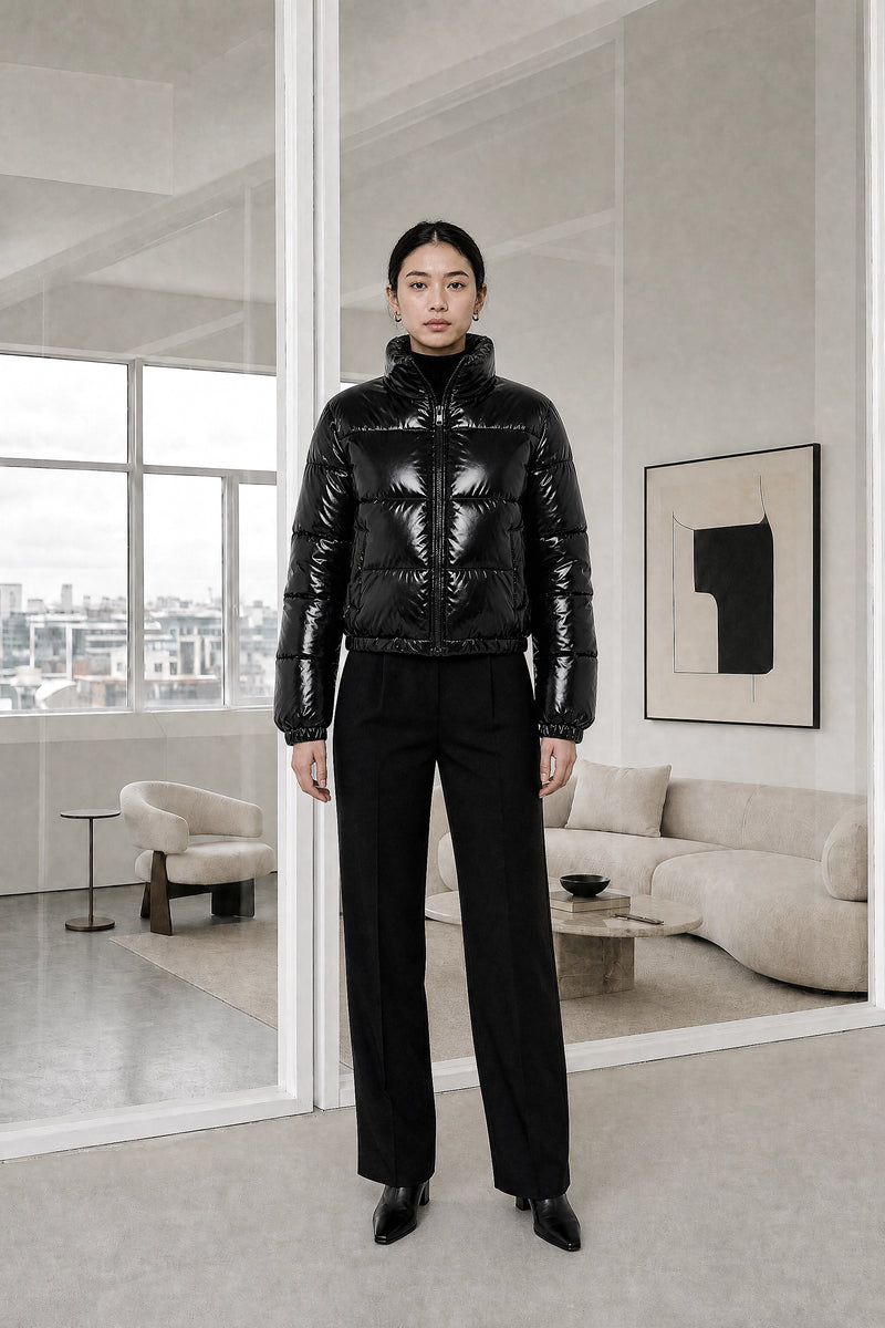 Gwendolyn | Puffer Coat in Black, studio front view