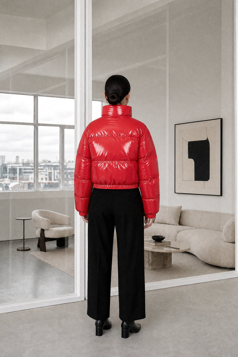 Gwendolyn | Puffer Coat in Bright Red, studio back view