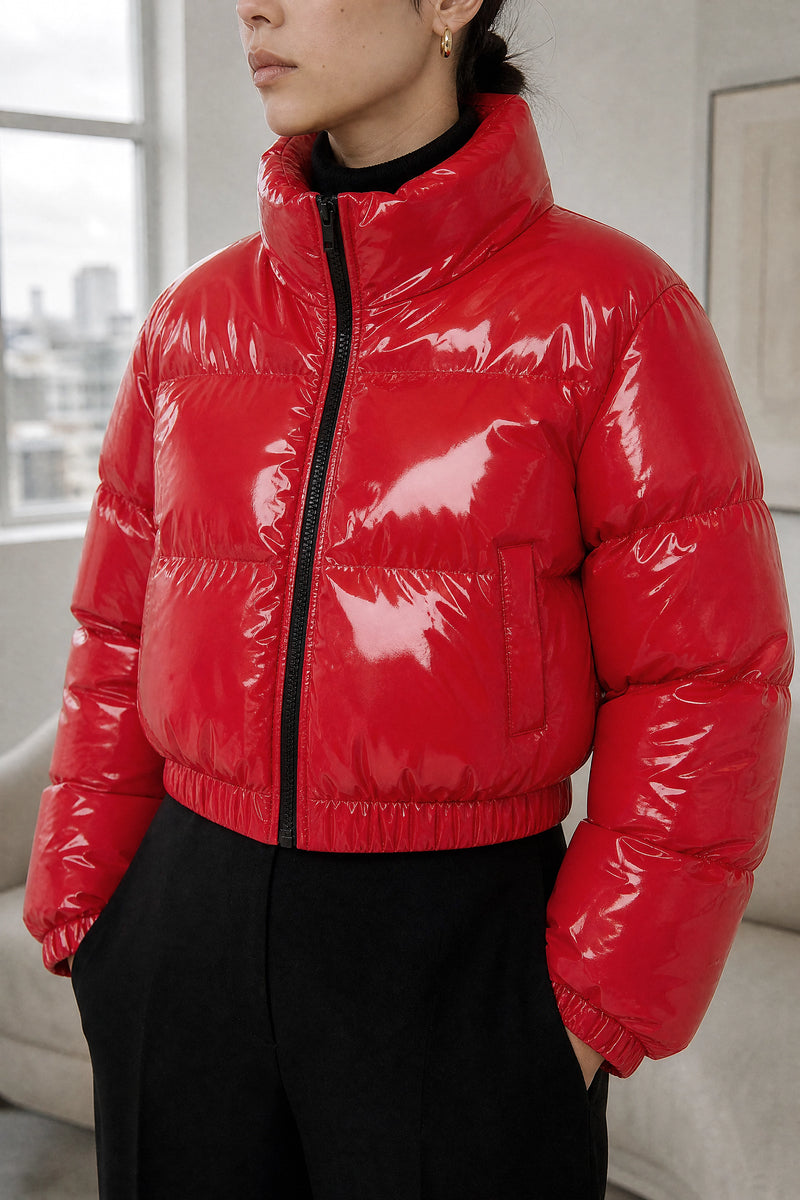 Gwendolyn | Puffer Coat in Bright Red, studio closeup