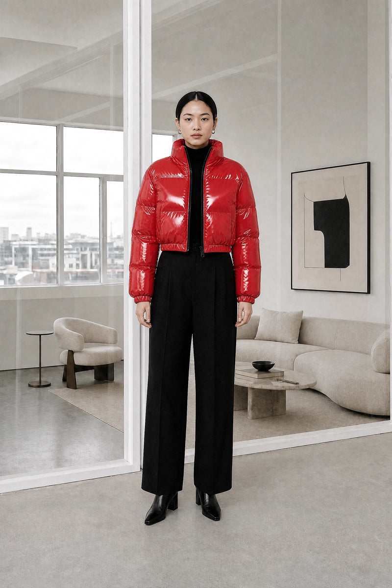 Gwendolyn | Puffer Coat in Bright Red, studio front view
