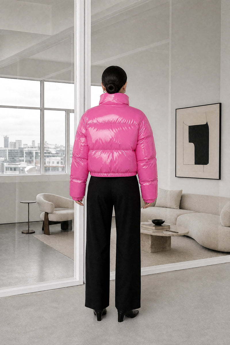 Gwendolyn | Puffer Coat in Pink, studio back view