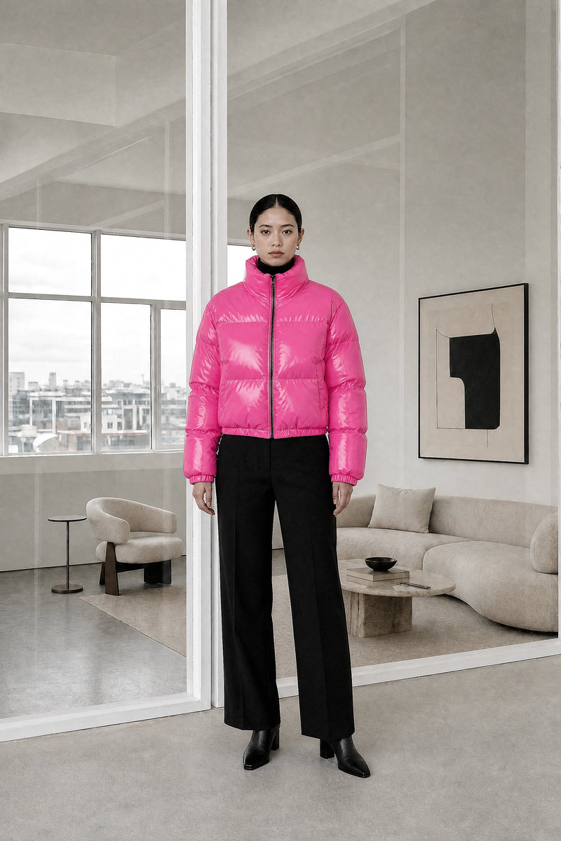 Gwendolyn | Puffer Coat in Pink, studio front view