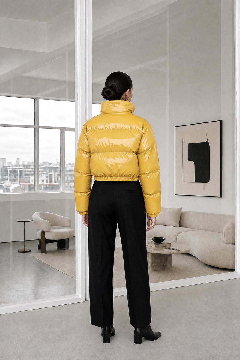 Gwendolyn | Puffer Coat in Yellow, studio back view