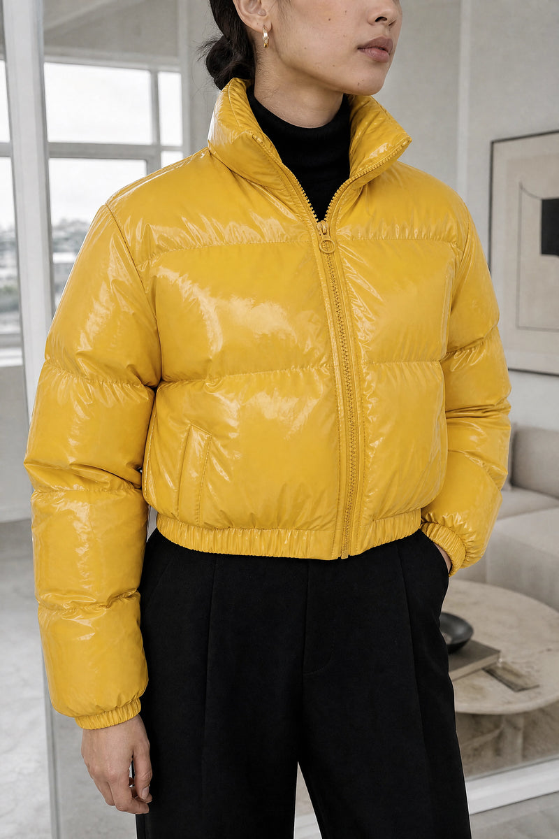 Gwendolyn | Puffer Coat in Yellow, studio closeup