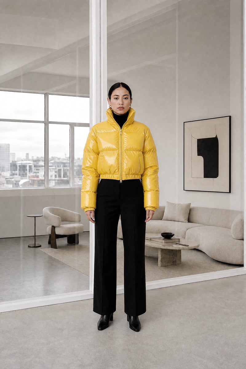Gwendolyn | Puffer Coat in Yellow, studio front view