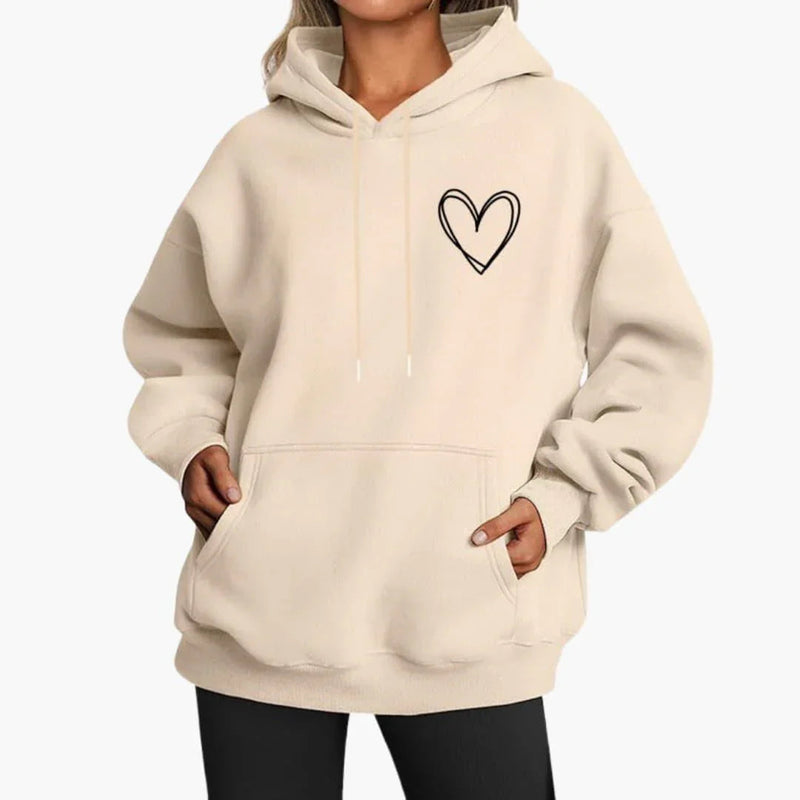 Fleece Heart Hoodie for Women with Oversized Fit and Kangaroo Pocket in Beige, front view
