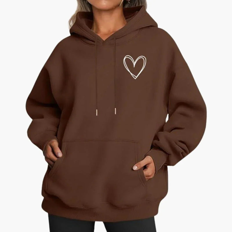 Fleece Heart Hoodie for Women with Oversized Fit and Kangaroo Pocket in Brown, front view