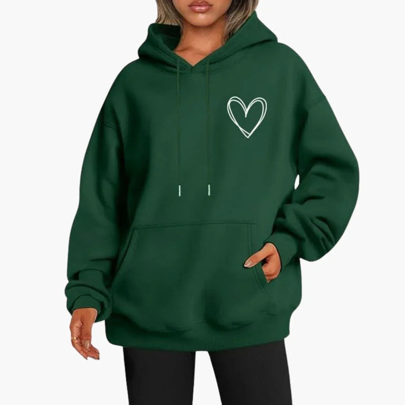 Fleece Heart Hoodie for Women with Oversized Fit and Kangaroo Pocket in Dark Green, front view