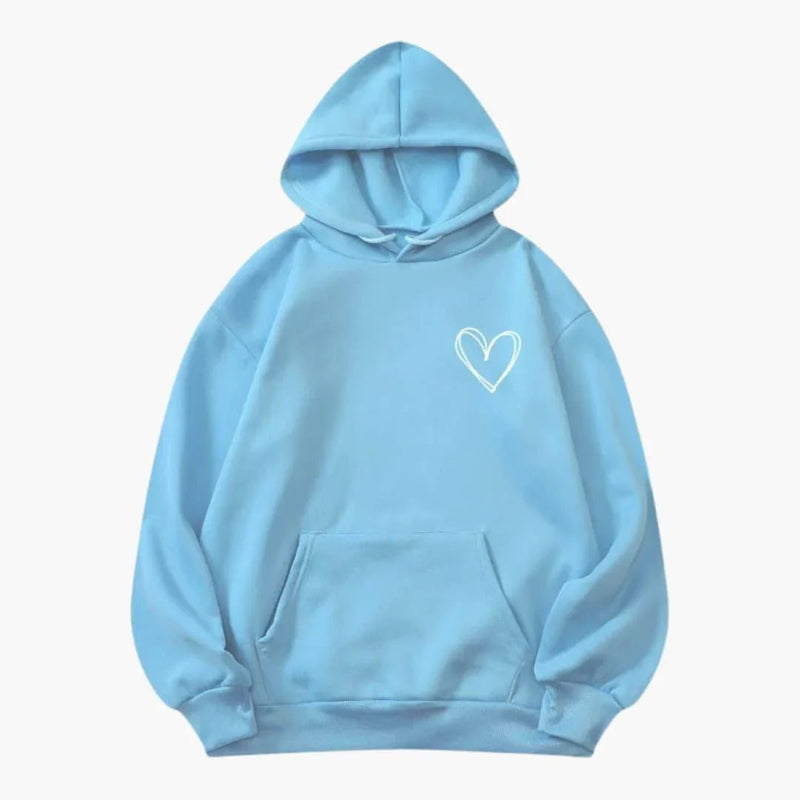 Fleece Heart Hoodie for Women with Oversized Fit and Kangaroo Pocket in Light Blue, flat lay