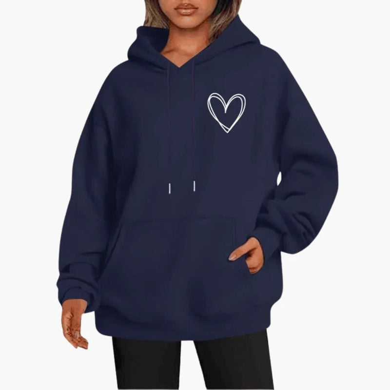 Fleece Heart Hoodie for Women with Oversized Fit and Kangaroo Pocket in Navy Blue, front view