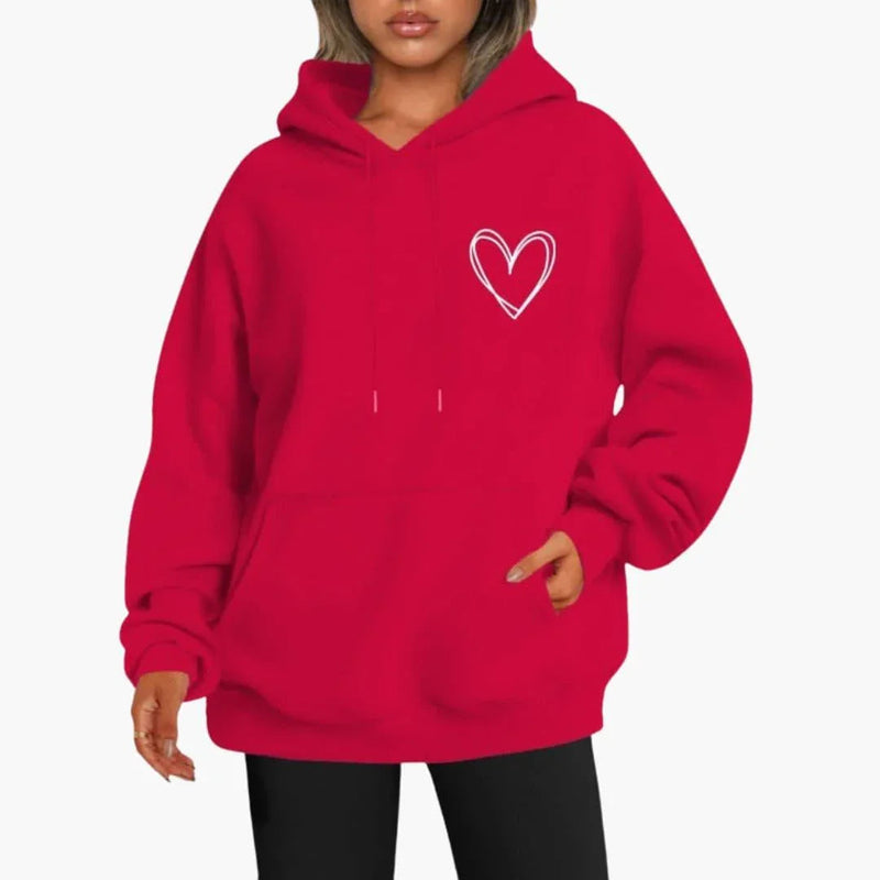 Fleece Heart Hoodie for Women with Oversized Fit and Kangaroo Pocket in Red, front view