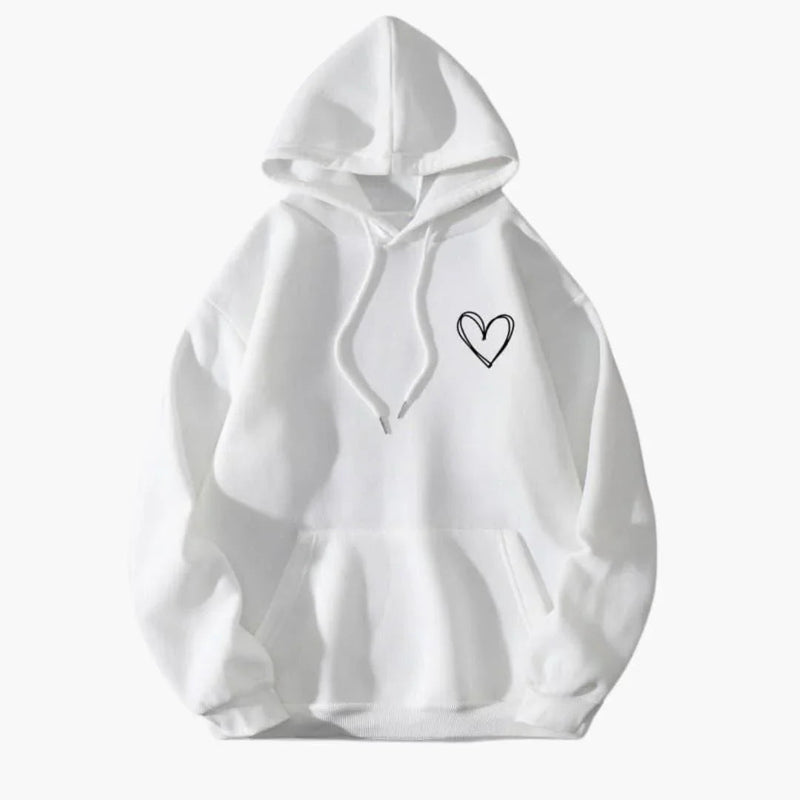Fleece Heart Hoodie for Women with Oversized Fit and Kangaroo Pocket in White, flat lay