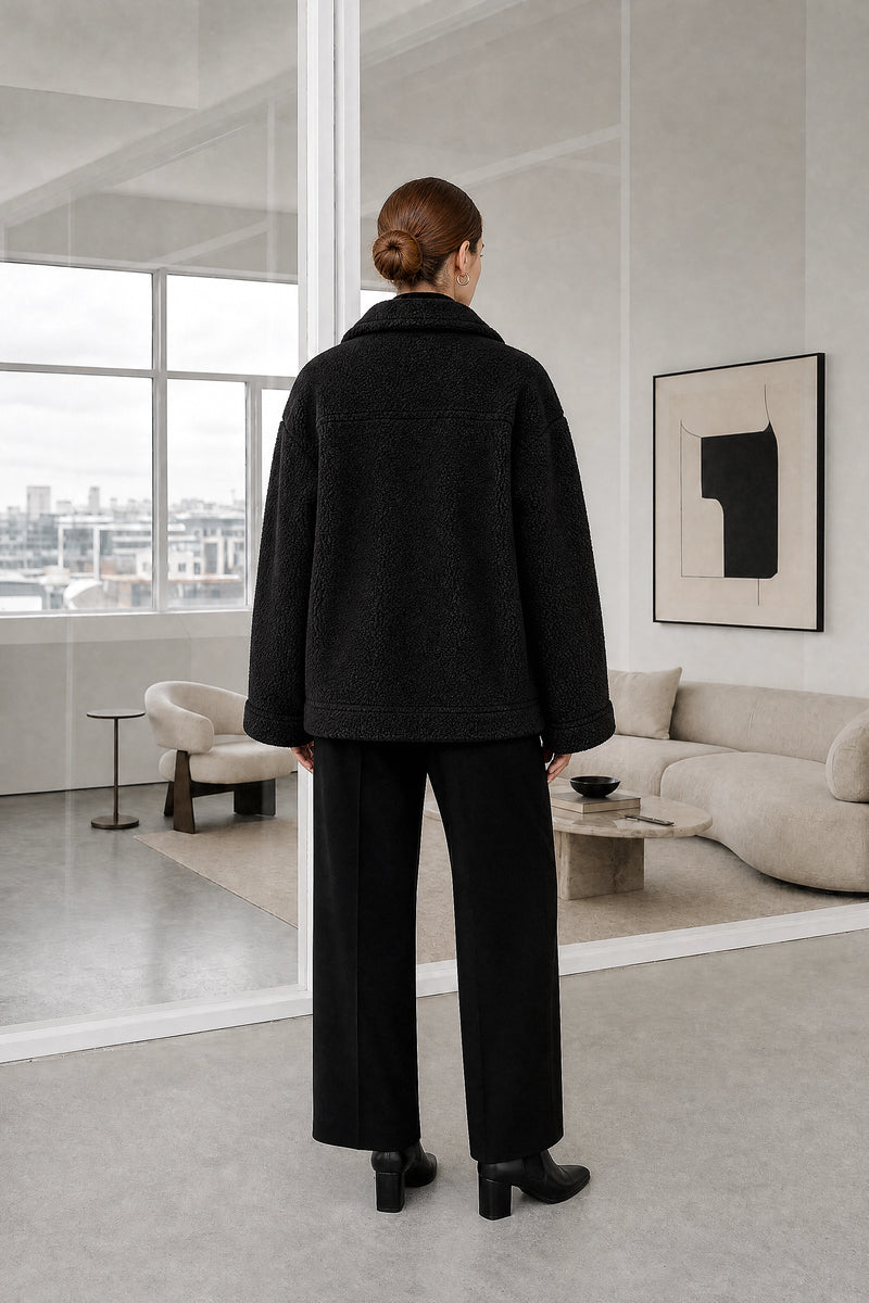 Haley | Sherpa Jacket in Black, studio back view
