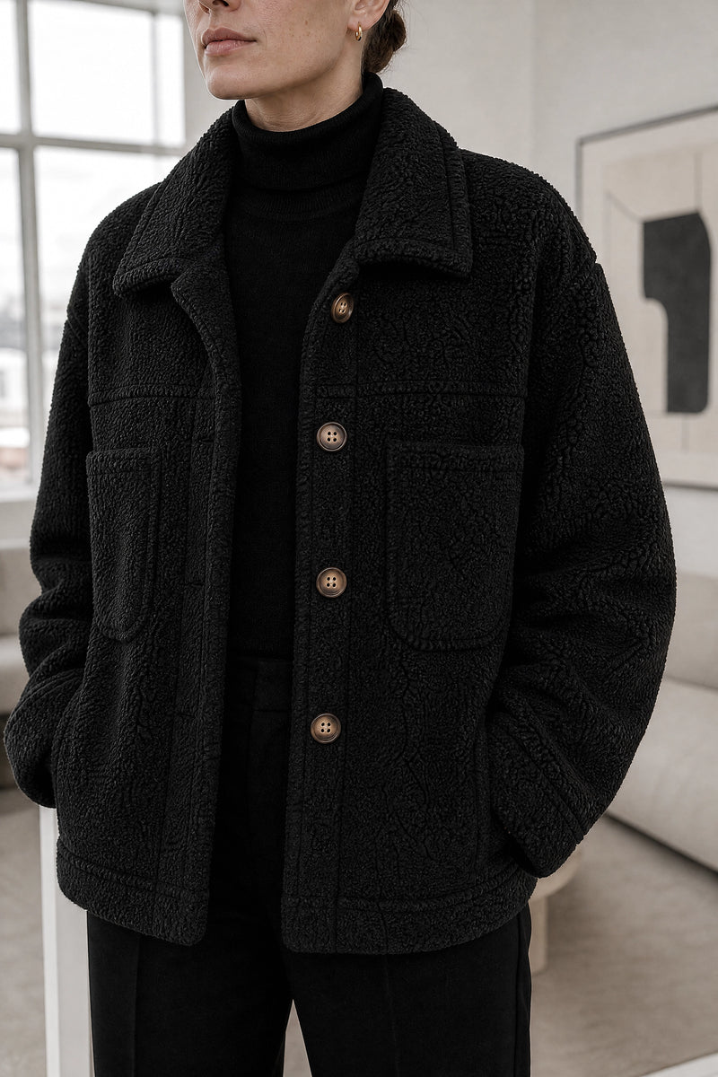 Haley | Sherpa Jacket in Black, fabric close-up