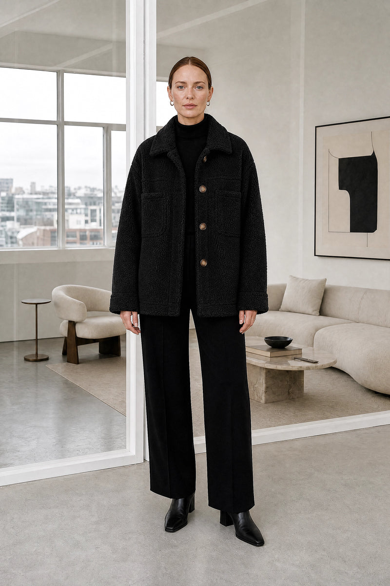 Haley | Sherpa Jacket in Black, studio front view