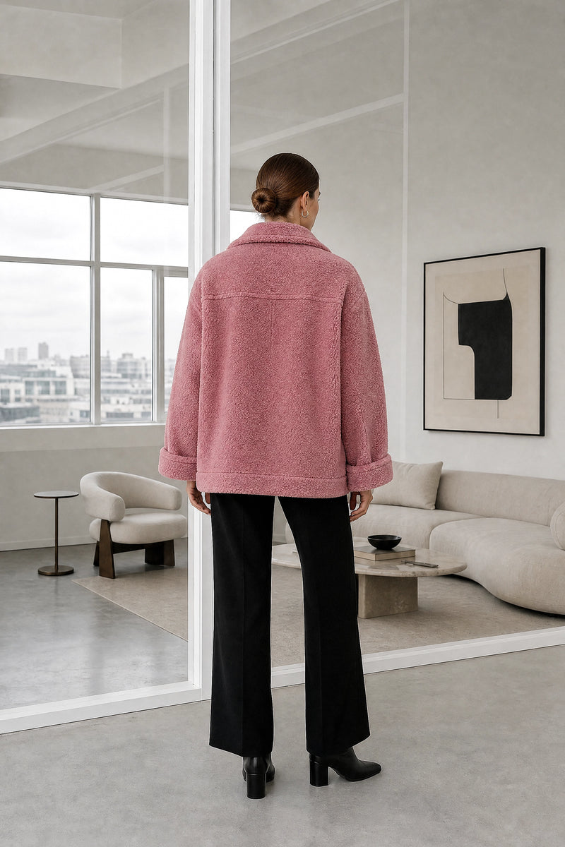 Haley | Sherpa Jacket in Dark Pink, studio back view