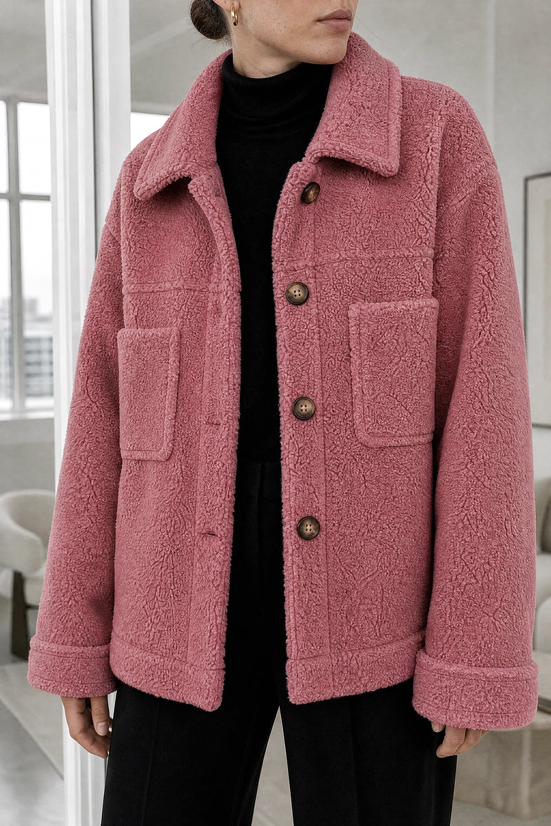 Haley | Sherpa Jacket in Dark Pink, fabric close-up