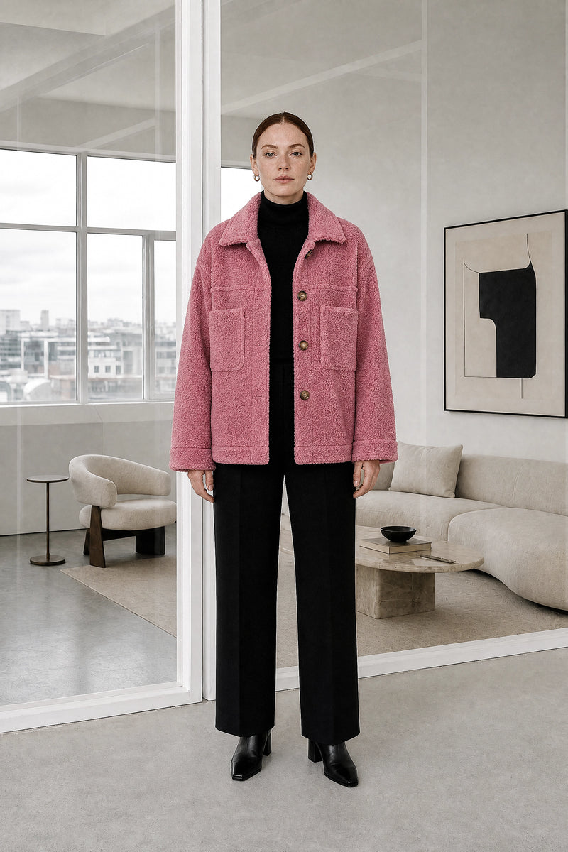 Haley | Sherpa Jacket in Dark Pink, studio front view