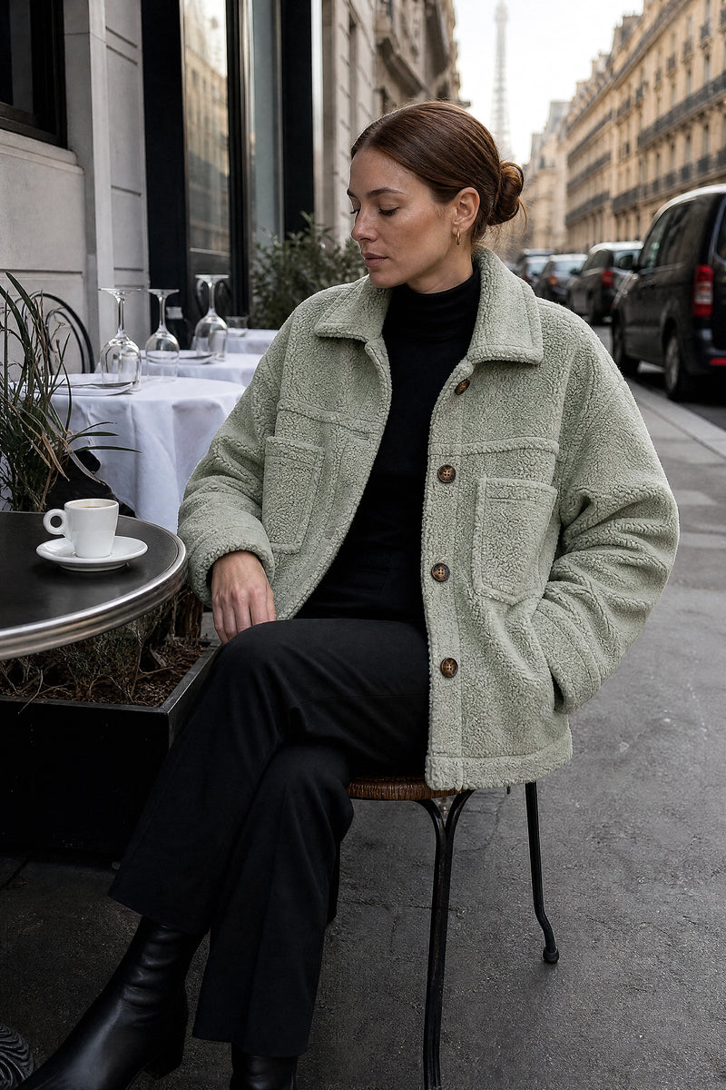 SOFAINE-V7-LIFE-Haley | Sherpa Jacket in Green, café scene