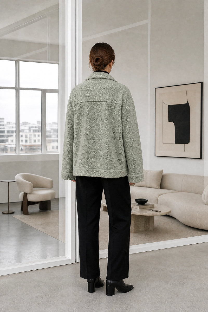 Haley | Sherpa Jacket in Green, studio back view