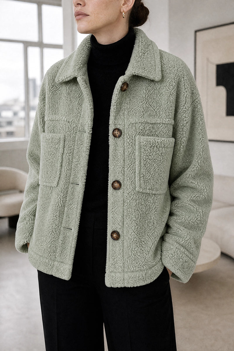 Haley | Sherpa Jacket in Green, fabric close-up