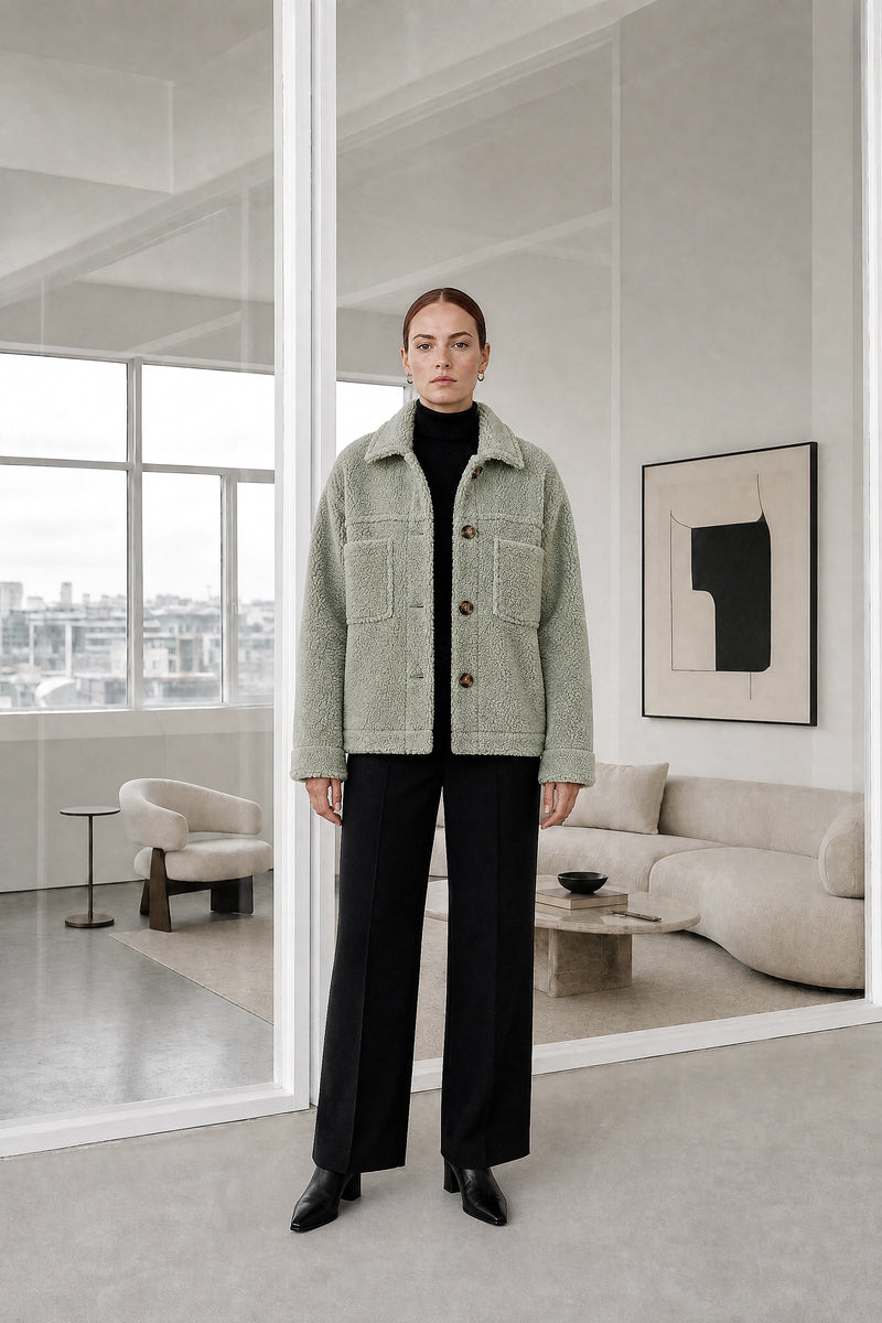 Haley | Sherpa Jacket in Green, studio front view