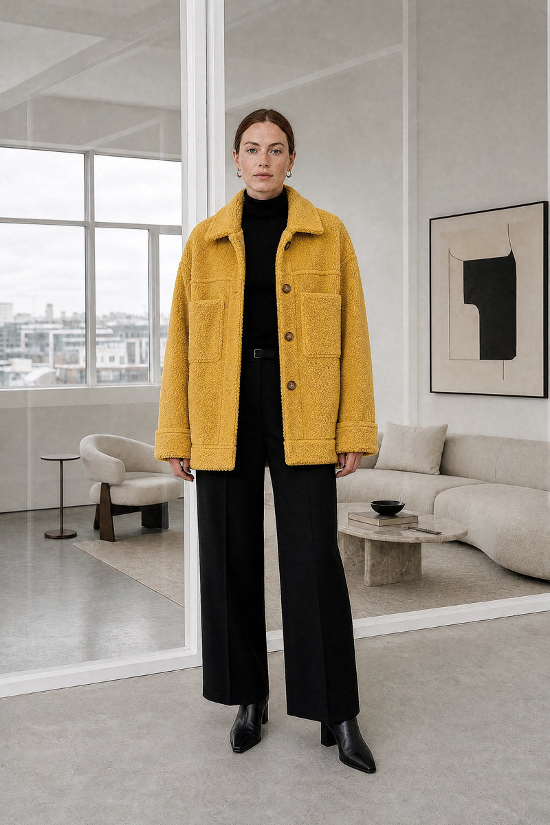 Haley | Sherpa Jacket in Yellow, studio front view