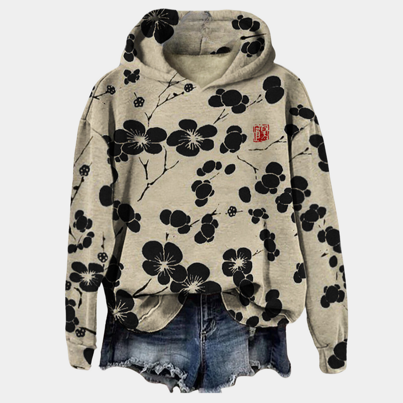 Floral Hoodie for Women with Plum Blossom Print and Drawstring Hood in Black Floral, front view