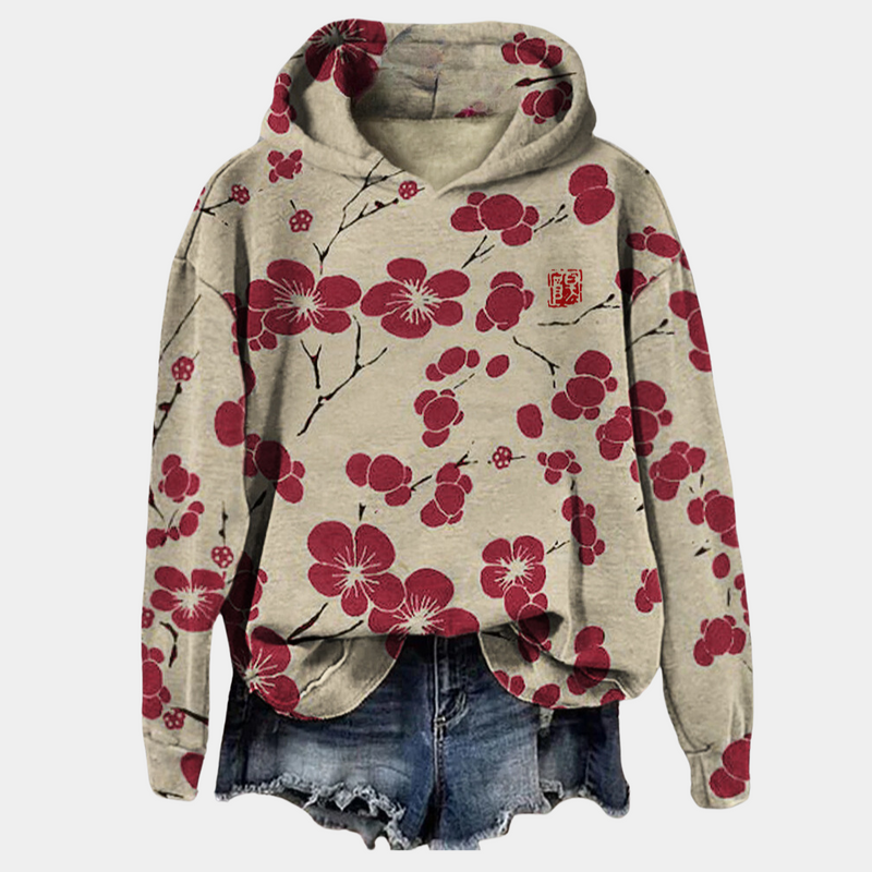 Floral Hoodie for Women with Plum Blossom Print and Drawstring Hood in Red Floral, front view