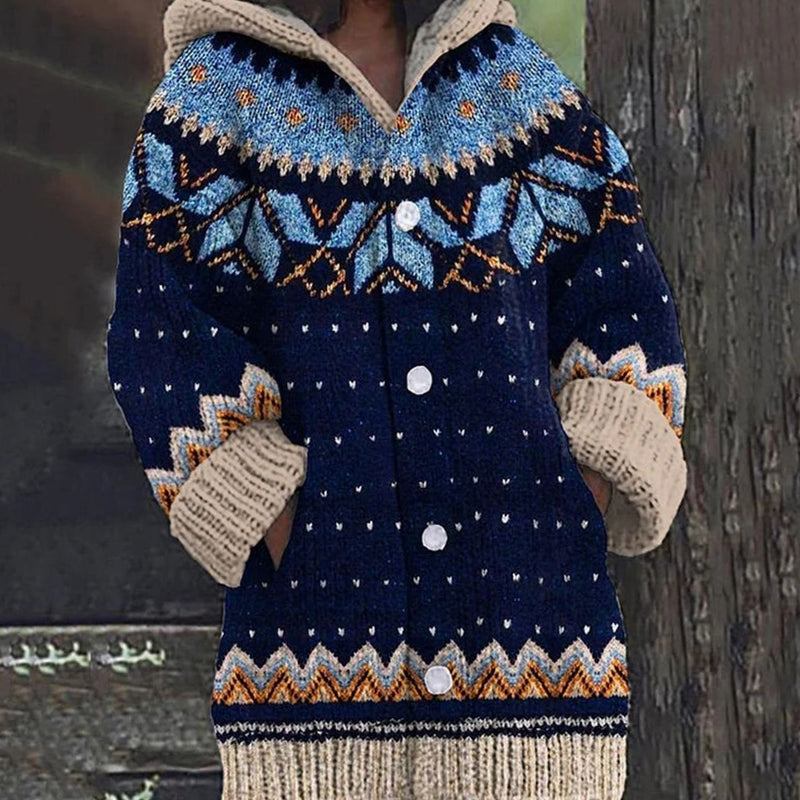 Fair Isle Cardigan for Women with Hood and Button Front in Blue, studio front view