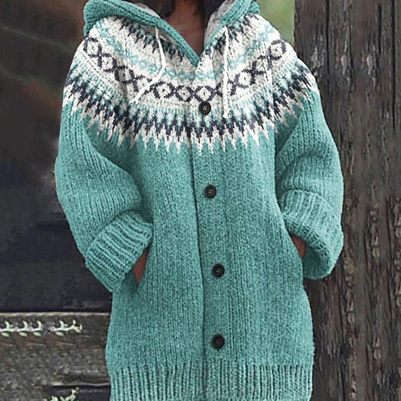 Fair Isle Cardigan for Women with Hood and Button Front in Light Blue, studio front view