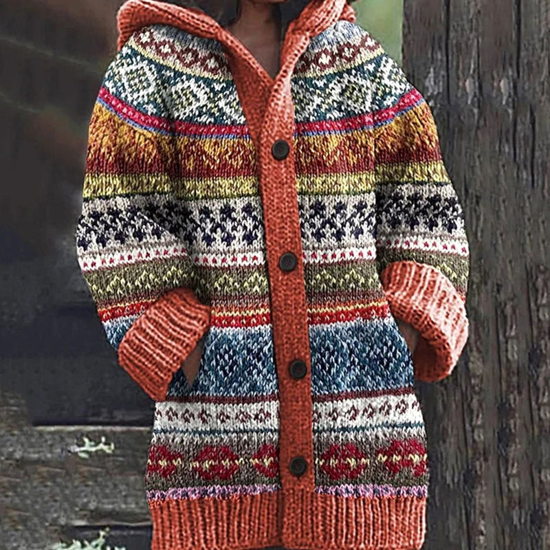 Fair Isle Cardigan for Women with Hood and Button Front in Orange, studio front view