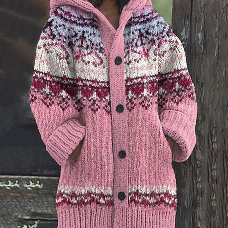 Fair Isle Cardigan for Women with Hood and Button Front in Pink, studio front view