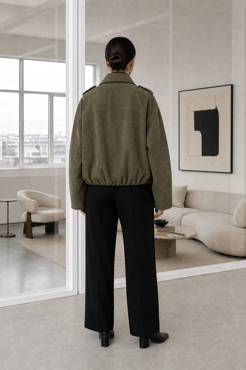 Harlow | Suede-Feel Jacket in Army Green, studio back view