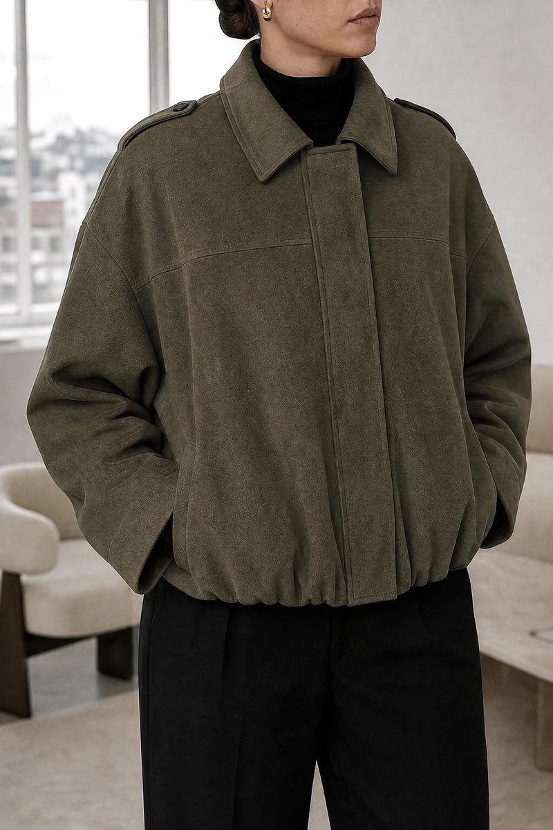 Harlow | Suede-Feel Jacket in Army Green, fabric close-up