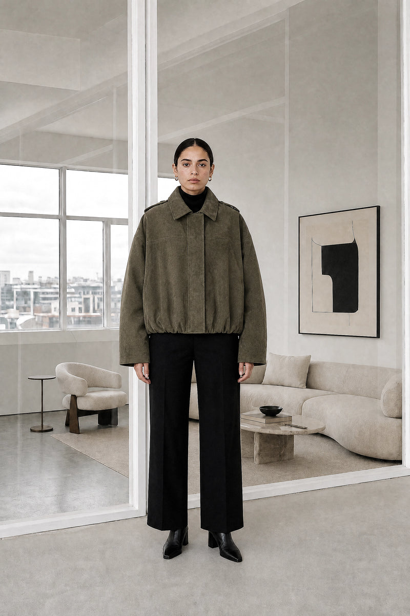 Harlow | Suede-Feel Jacket in Army Green, studio front view